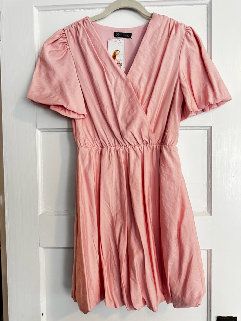 Pink Mini Dress - Women’s Short Sleeve V-Neck, bubble hem